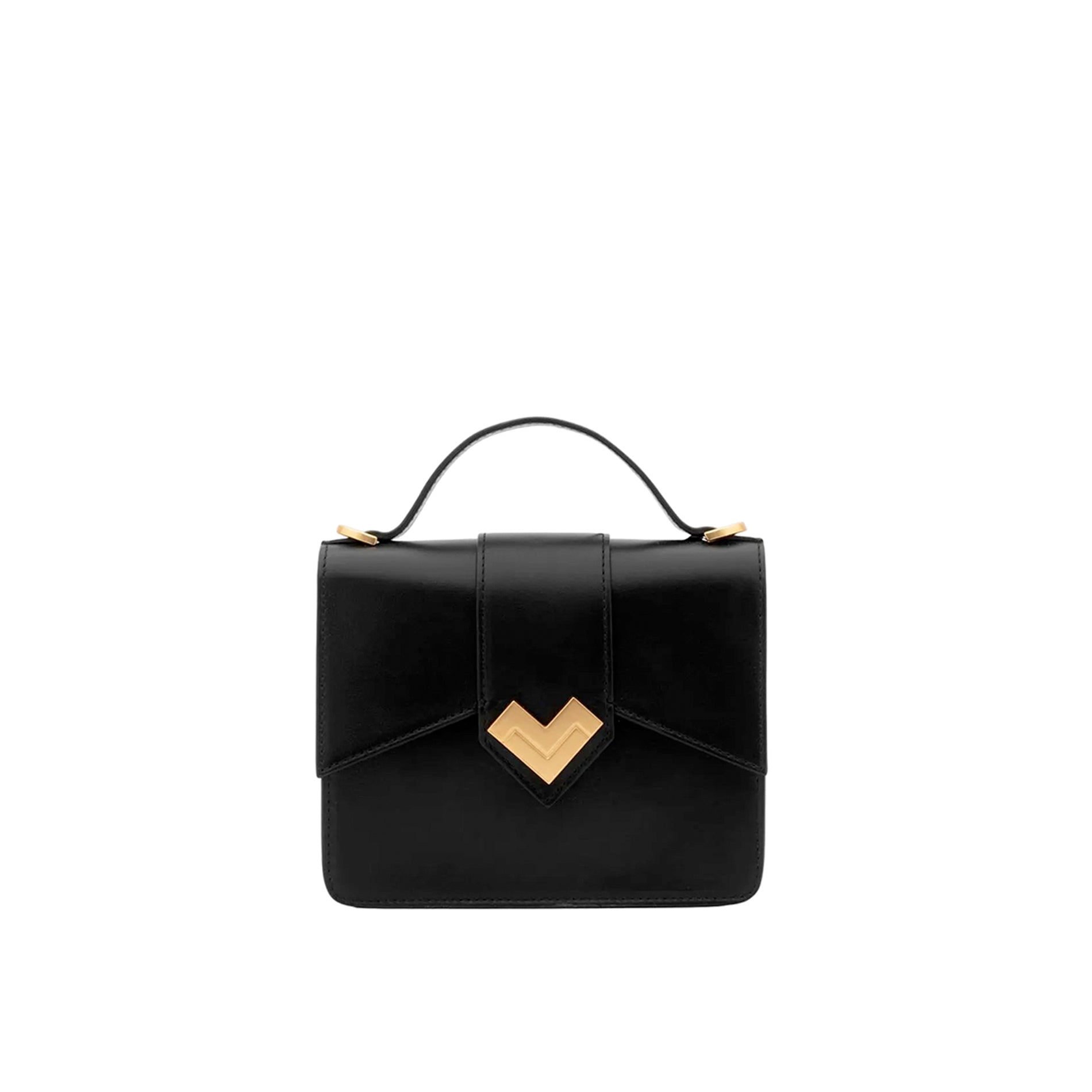 Front view of mini top handle bag in black calf leather with gold-tone MV logo and structured silhouette