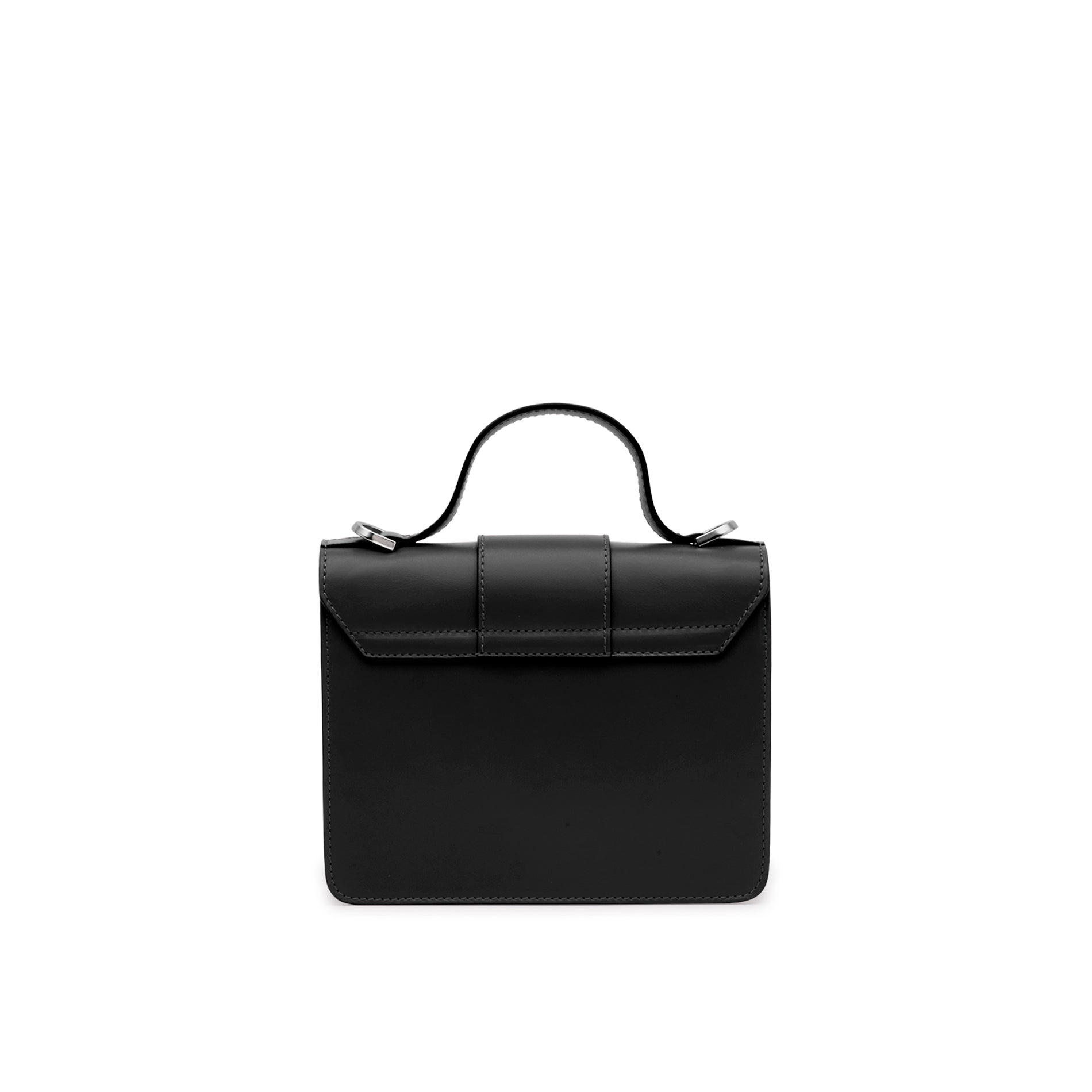 Back view of Mario Valentino black calf leather mini bag with structured silhouette and flap closure. Made in Italy.