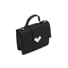 Mario Valentino black calf leather mini top handle bag with silver-tone MV logo hardware.