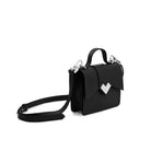 Side view of Mario Valentino black calf leather mini handbag with silver-tone MV logo hardware and adjustable leather shoulder strap. Made in Italy