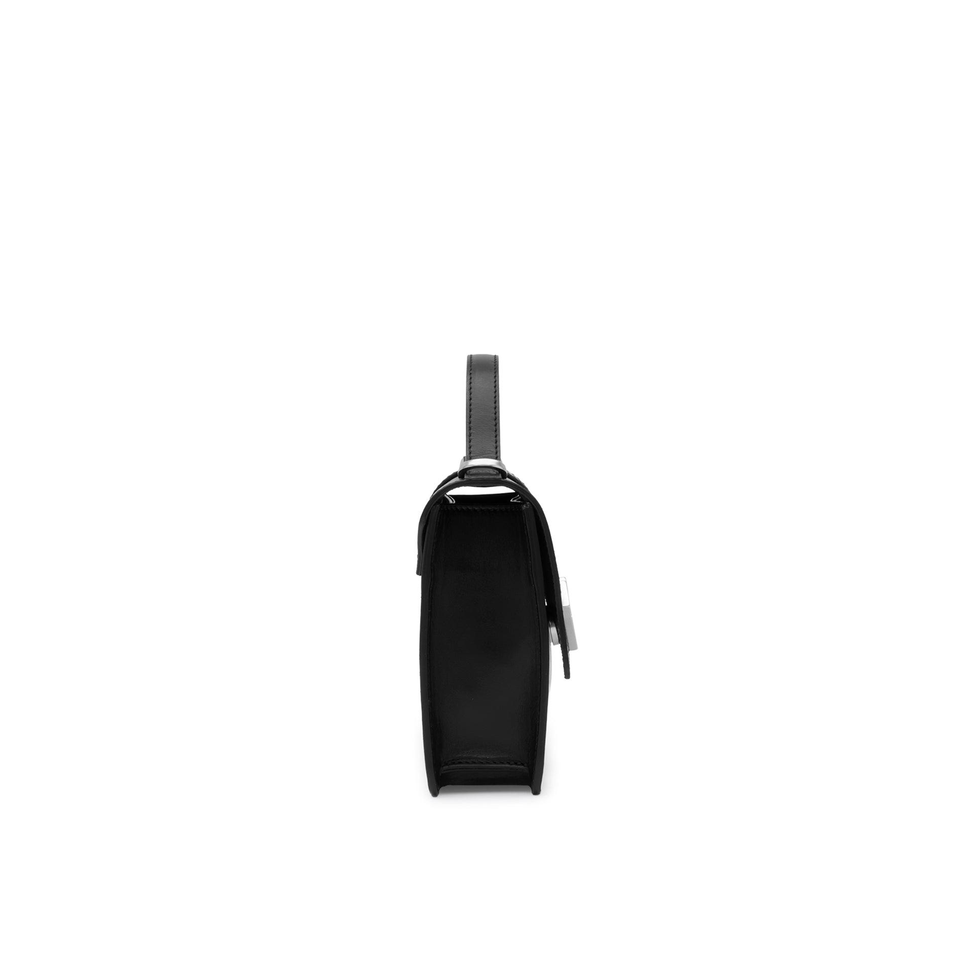 Side view of Mario Valentino black calf leather mini handbag with silver-tone MV logo hardware and adjustable leather shoulder strap. Made in Italy