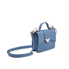 Sky blue calf leather mini bag with silver-tone MV logo hardware, top handle, adjustable and removable leather shoulder strap, flap closure.