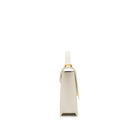 Side view of Mario Valentino white calf leather mini handbag with gold-tone MV logo hardware and adjustable leather shoulder strap. Made in Italy