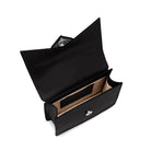 Interior view of Mario Valentino black calf leather minibag with logoed nylon lining and inner pocket. Made in Italy.