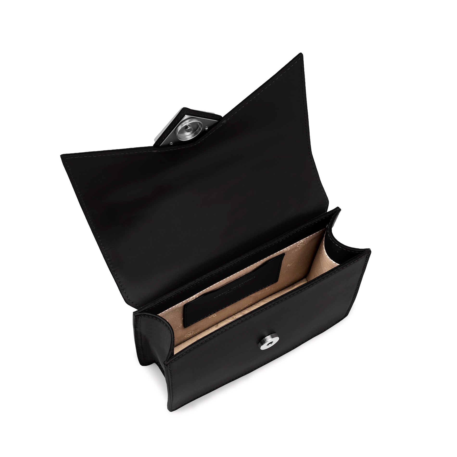 Interior view of Mario Valentino black calf leather minibag with logoed nylon lining and inner pocket. Made in Italy.