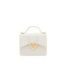 Front view of mini top handle bag in white calf leather with gold-tone MV logo and structured silhouette