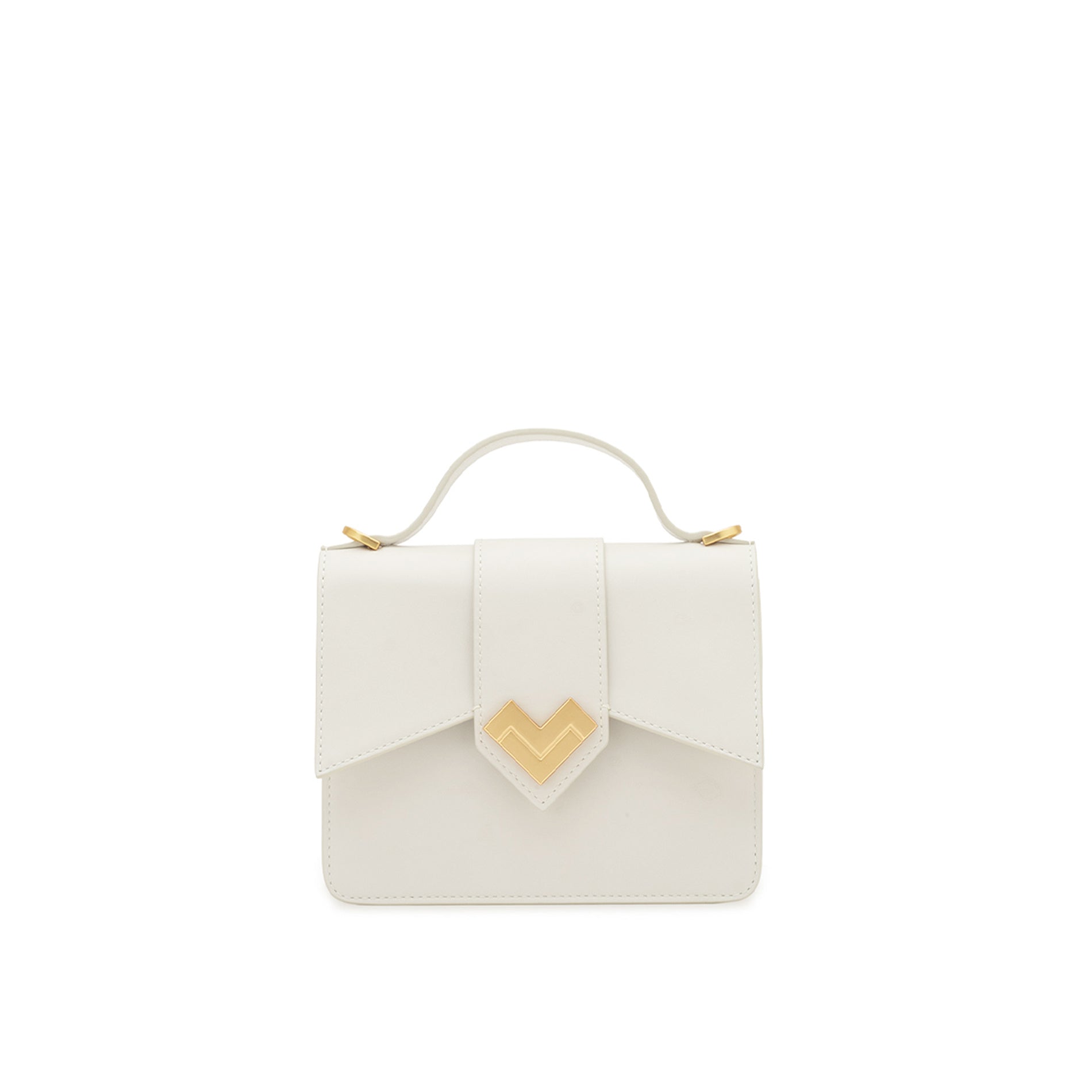 Front view of mini top handle bag in white calf leather with gold-tone MV logo and structured silhouette