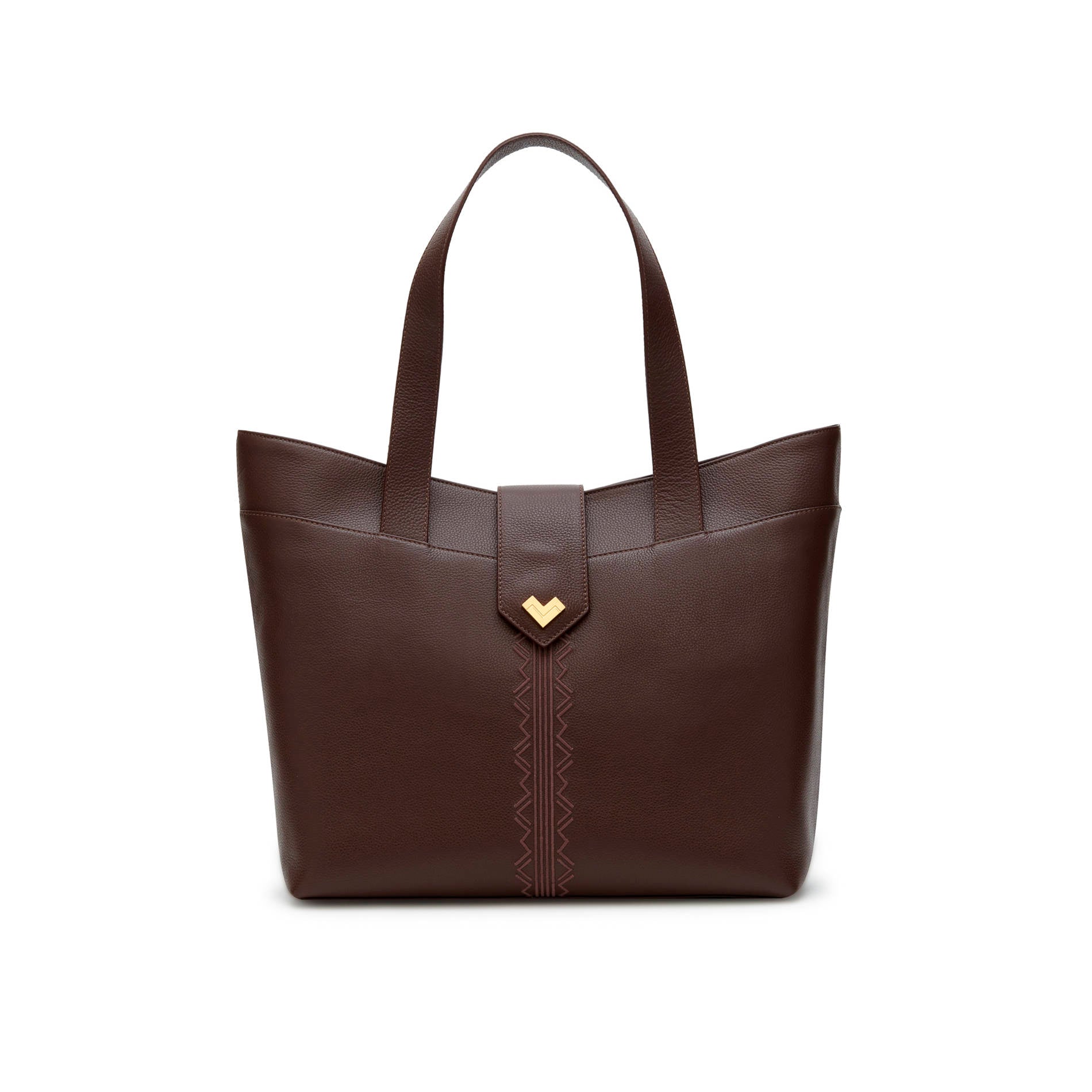 Mario Valentino moka leather tote handbag with structured shape and embroidered detail, perfect daily bag Made in Italy
