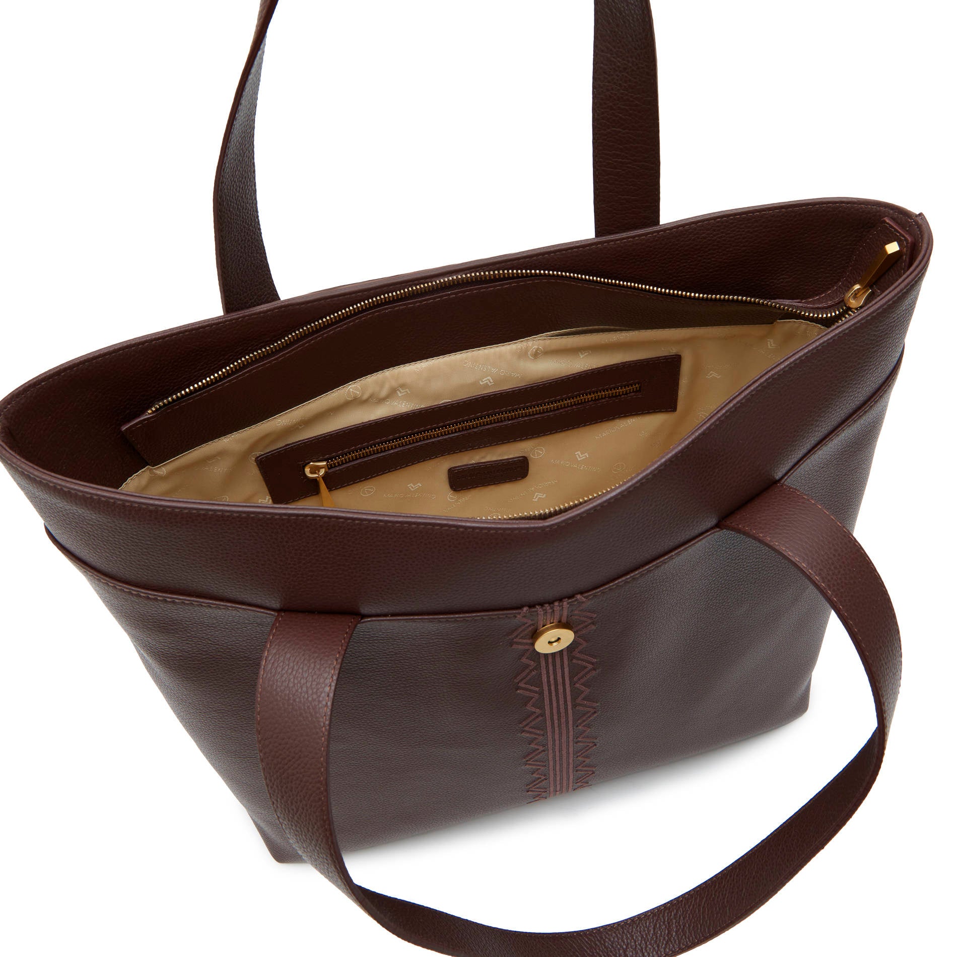 Inside moka leather tote bag with logo lining and inner pocket, spacious everyday luxury shoulder bag. Made in Italy