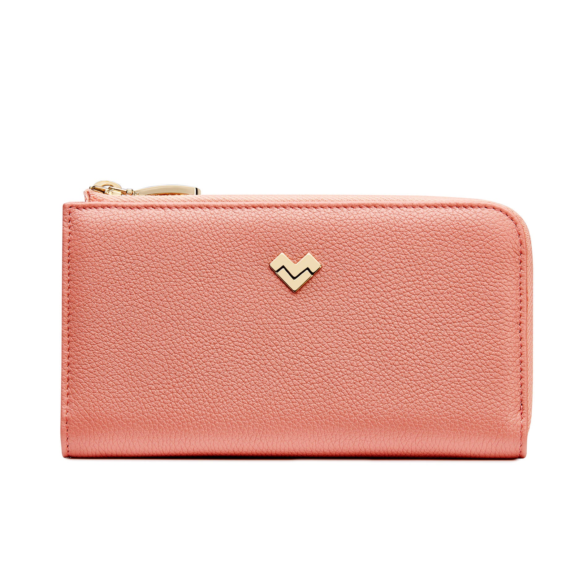 Mario Valentino peach calfskin zip-around wallet featuring a refined leather silhouette, gold-tone MV logo hardware and an elegant minimalist design. Made in Italy.