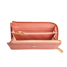 Inside view of Mario Valentino peach calfskin zip-around wallet with twelve cardholder slots, two banknote compartments and coin pocket with gold-tone zip. Made in Italy.