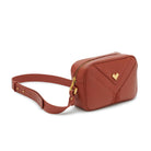 Mario Valentino rust leather crossbody bag with gold logo and embroidery, compact everyday handbag