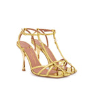 Mario Valentino Valerie golden laminated leather T-bar sandals with Clepsydra heel, square toe, and adjustable ankle strap.