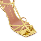 Mario Valentino Valerie golden laminated leather T-bar sandals with a delicate gold-tone logo charm and square toe