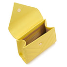 Yellow leather mini handbag interior with card slots and lining. Made in Italy