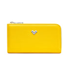 Mario Valentino yellow calfskin zip-around wallet featuring a refined leather silhouette, metal MV logo hardware and elegant minimalist design. Made in Italy.