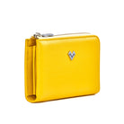 Side view of Mario Valentino yellow calfskin leather wallet with zip closure, sleek profile and signature metal MV logo hardware. Made in Italy.