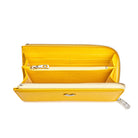 Interior view of Mario Valentino yellow calfskin wallet featuring twelve cardholder slots, two banknote compartments and two inner pockets. Made in Italy.