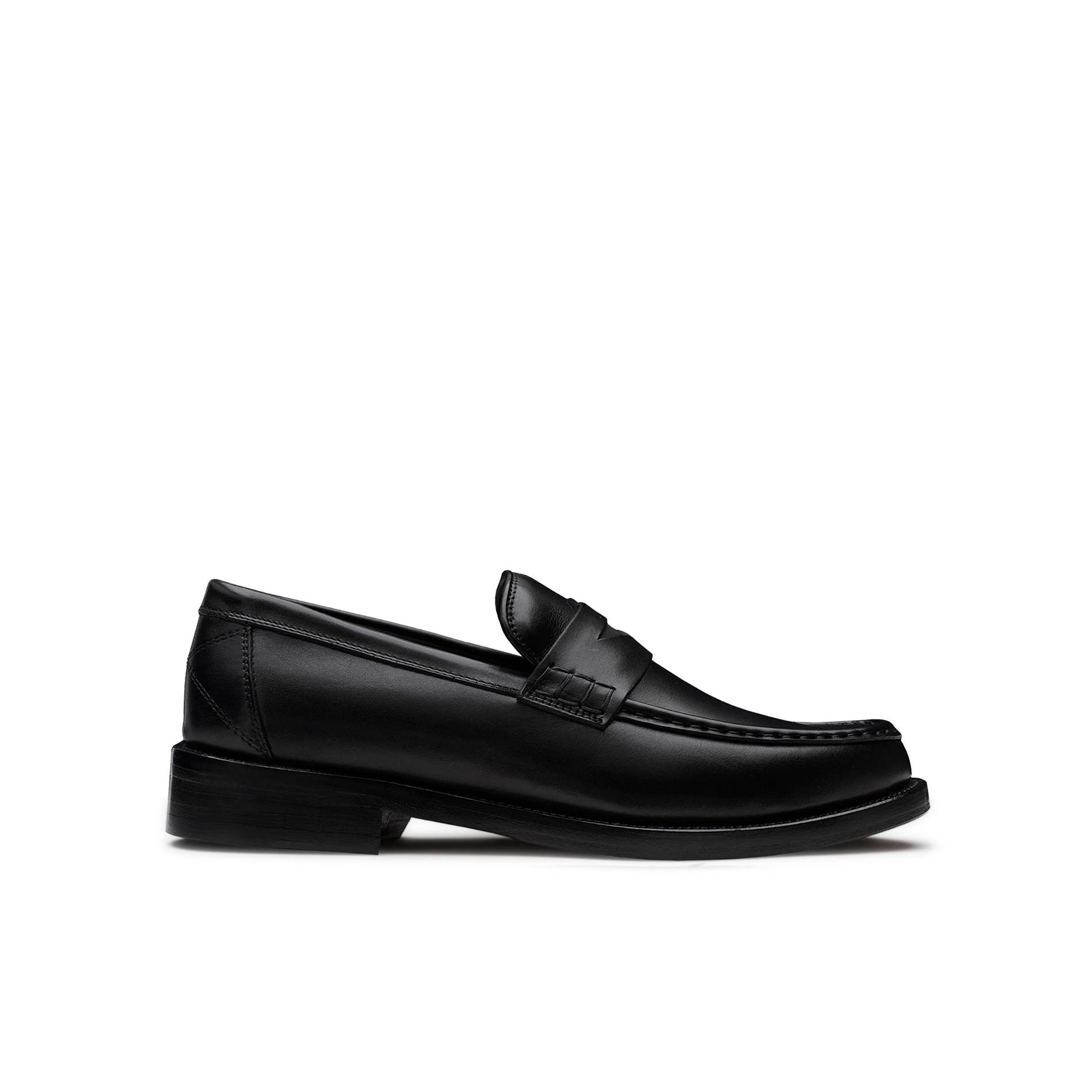 Black calfskin penny loafer with leather sole, front three-quarter view, made in Italy
