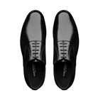 Men’s black derby shoes in patent leather, top view, lace-up detail