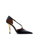 Black patent leather slingback pumps with pointed toe and 95 mm gold torchon heel by Mario Valentino