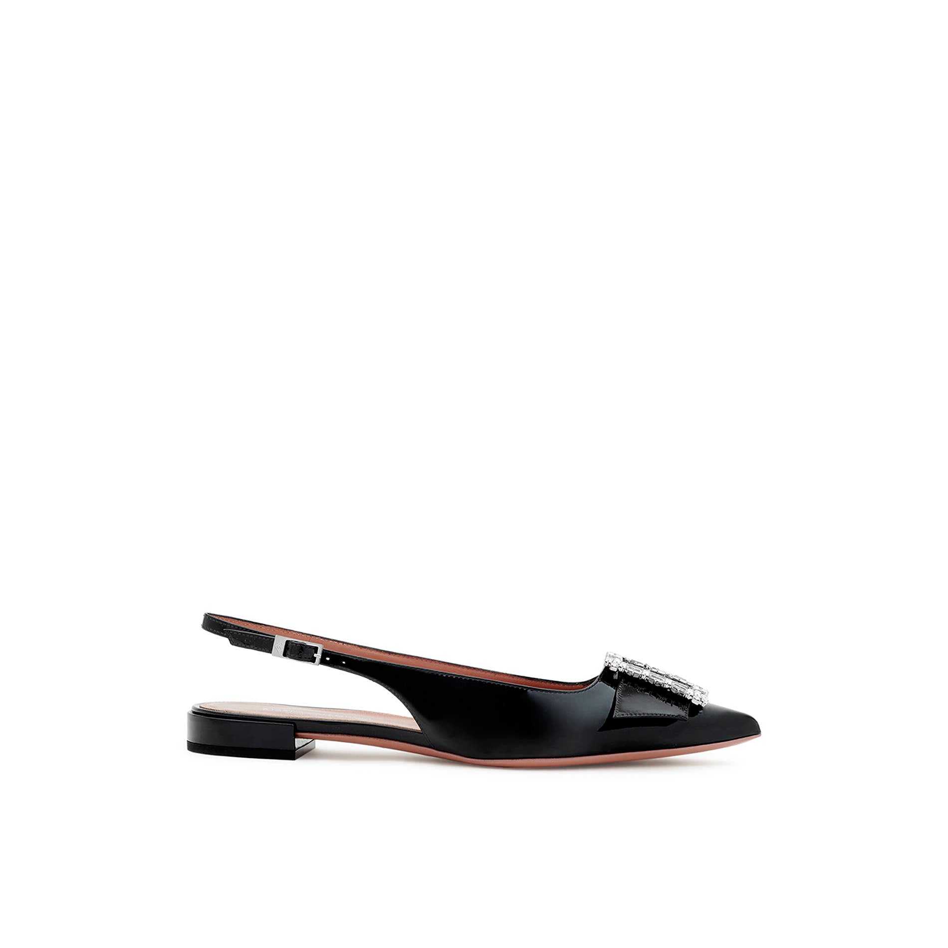 Black patent leather slingback flats with jewel buckle and low heel by Mario Valentino