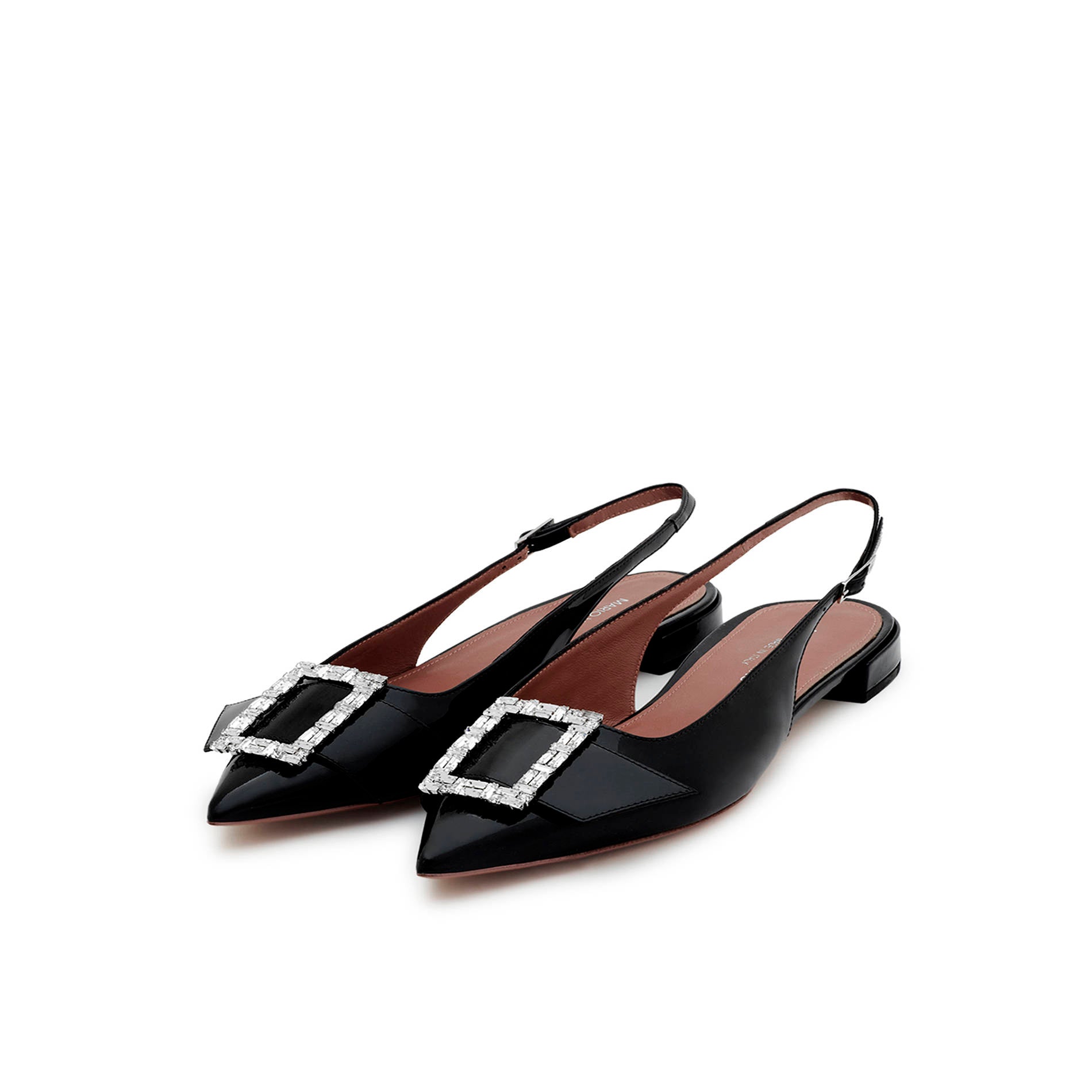 Pair of black patent leather slingback flats with crystal buckle detail Made in Italy