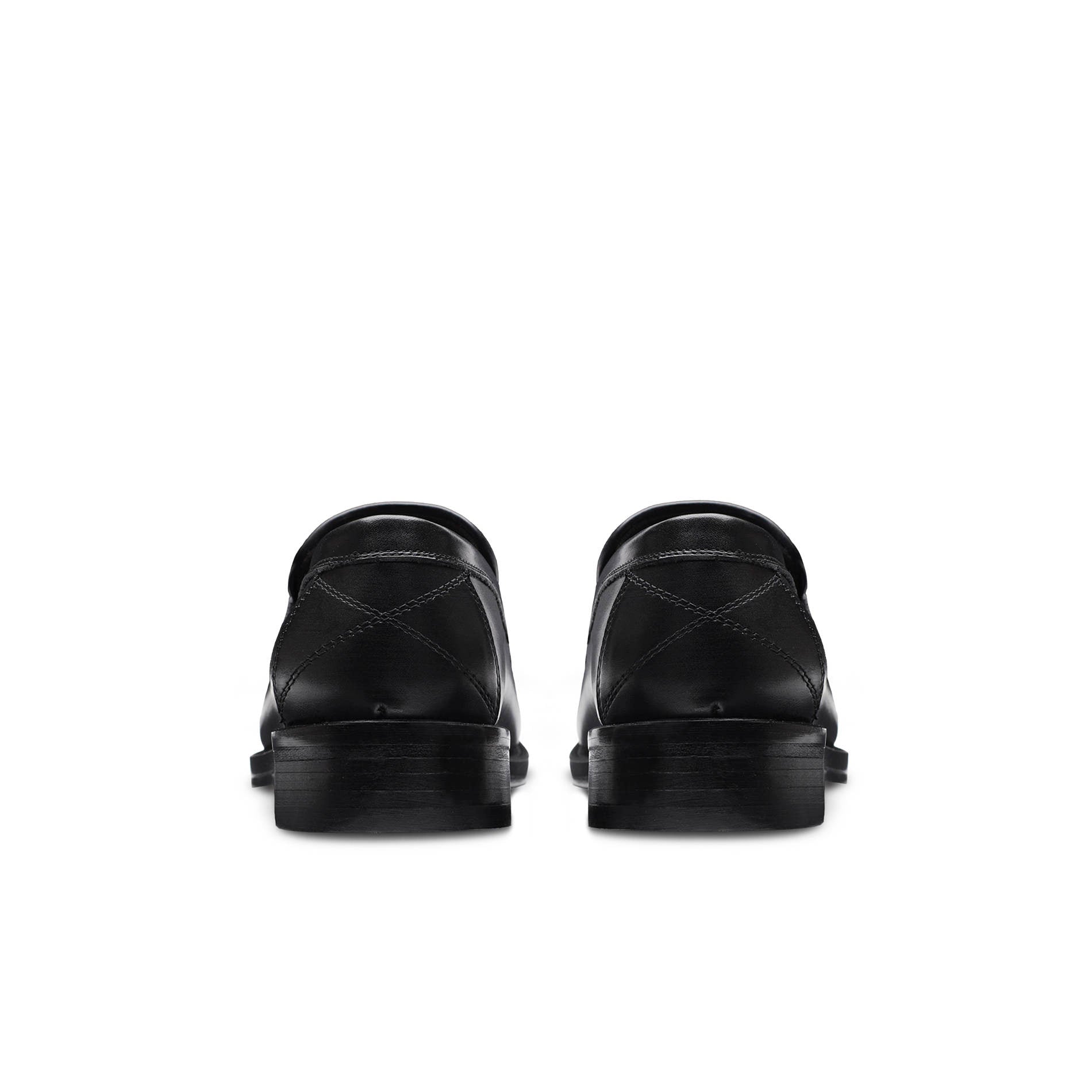 Rear view of black calfskin penny loafer showing the stacked leather heel and clean counter