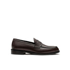 Men’s brown leather penny loafers, front view, handcrafted in Italy
