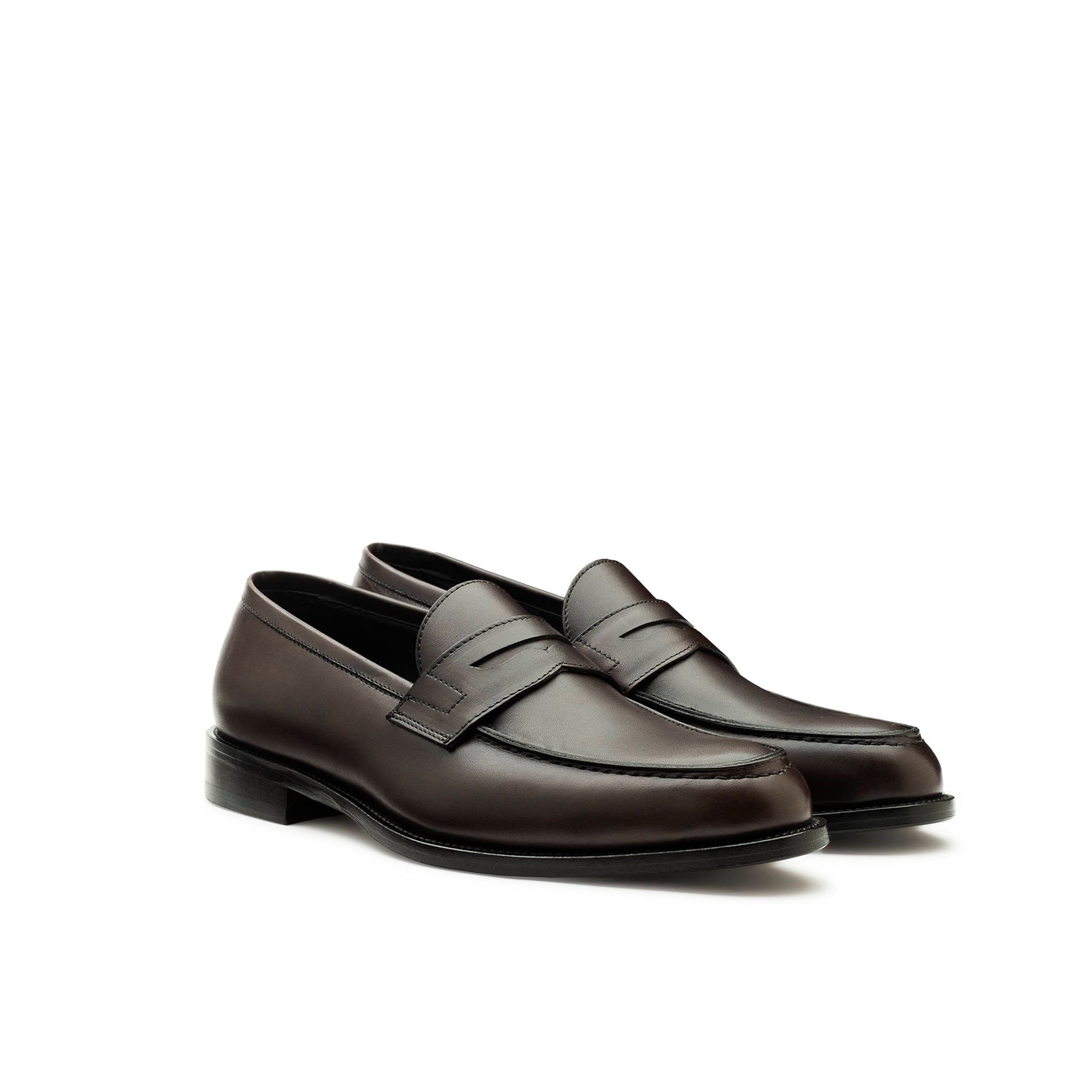 Brown leather penny loafers side view with leather sole