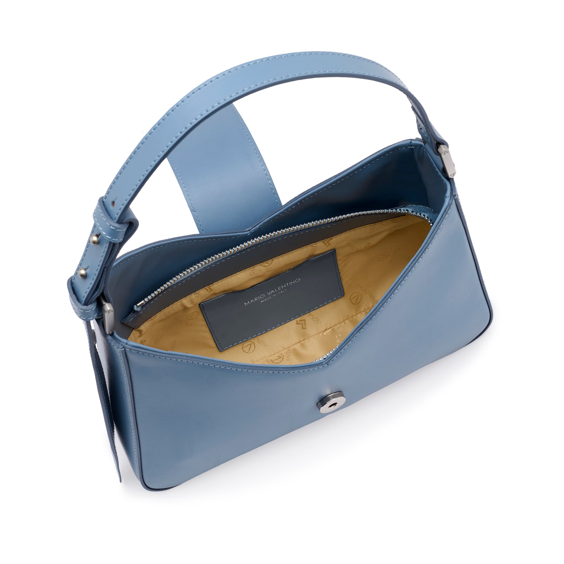 Interior view of the Mario Valentino shoulder bag, displaying the signature logoed nylon lining, integrated internal pocket, and magnetic snap closure details.