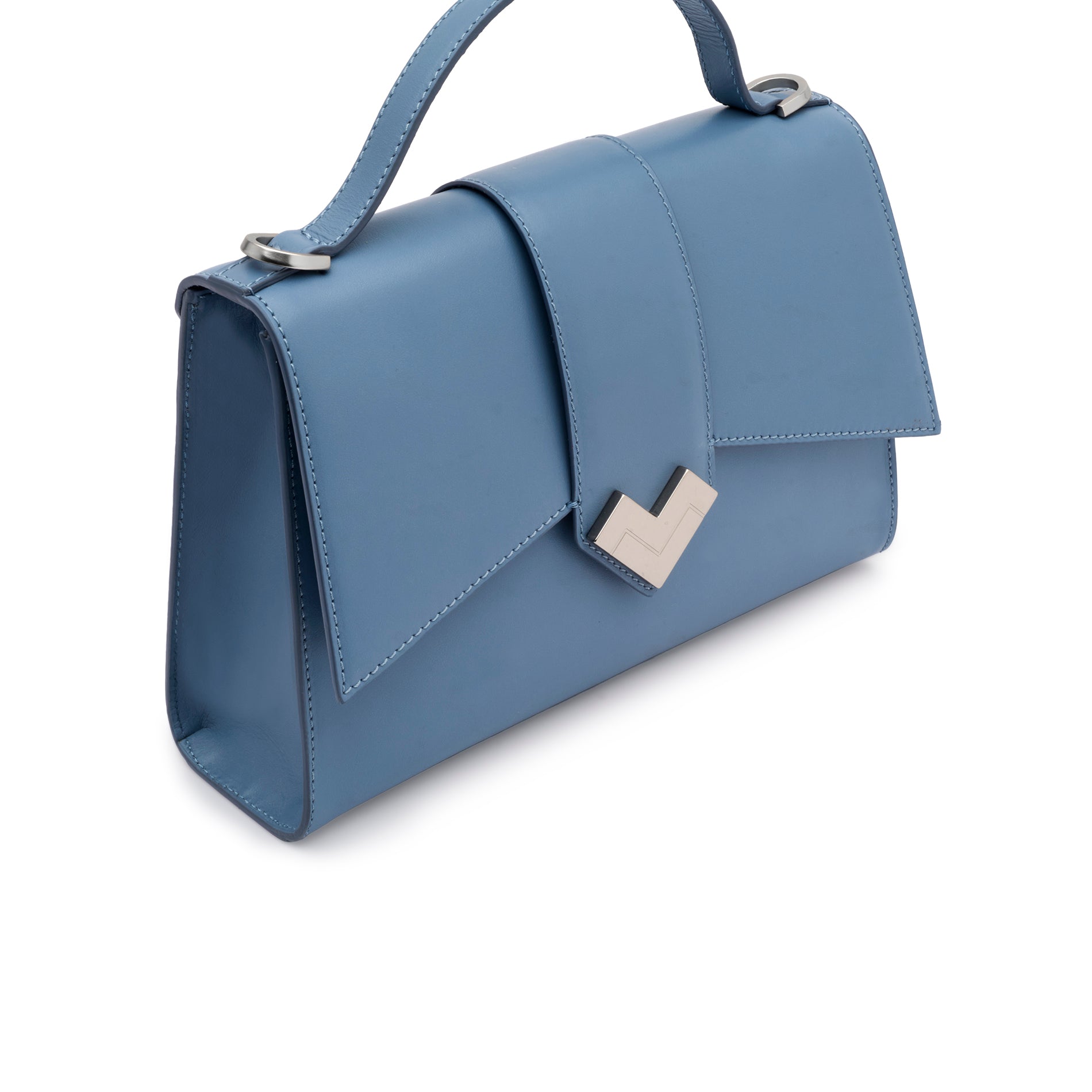Detail of Mario Valentino light blue calf leather bag with silver-tone MV logo and smooth leather finish