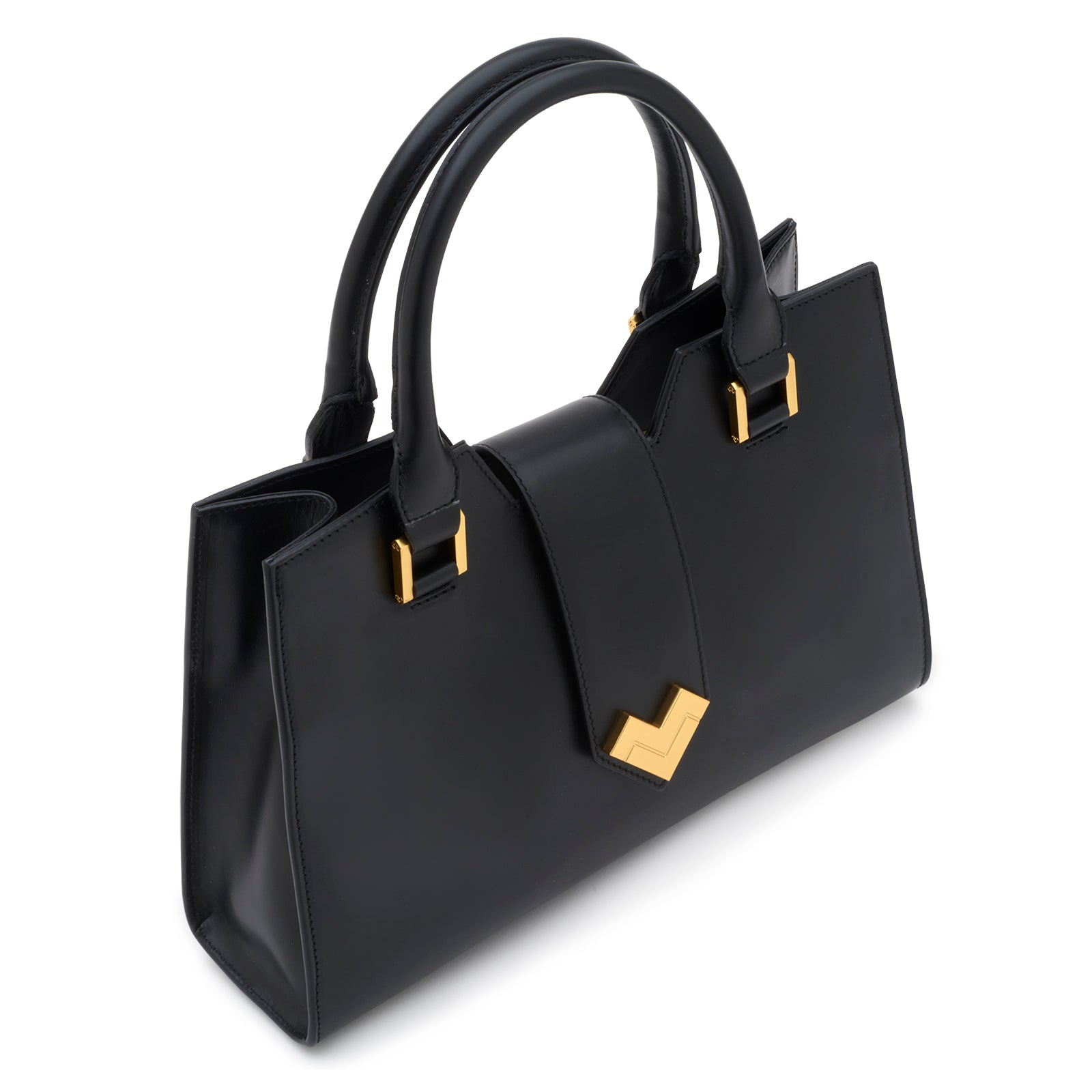 Mario Valentino black calf leather handbag gold-tone hardware MV logo detail