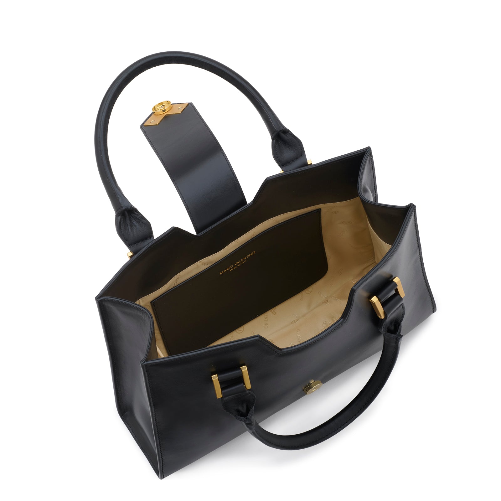 Mario Valentino black calf leather handbag with logoed nylon lining inner pocket interior view