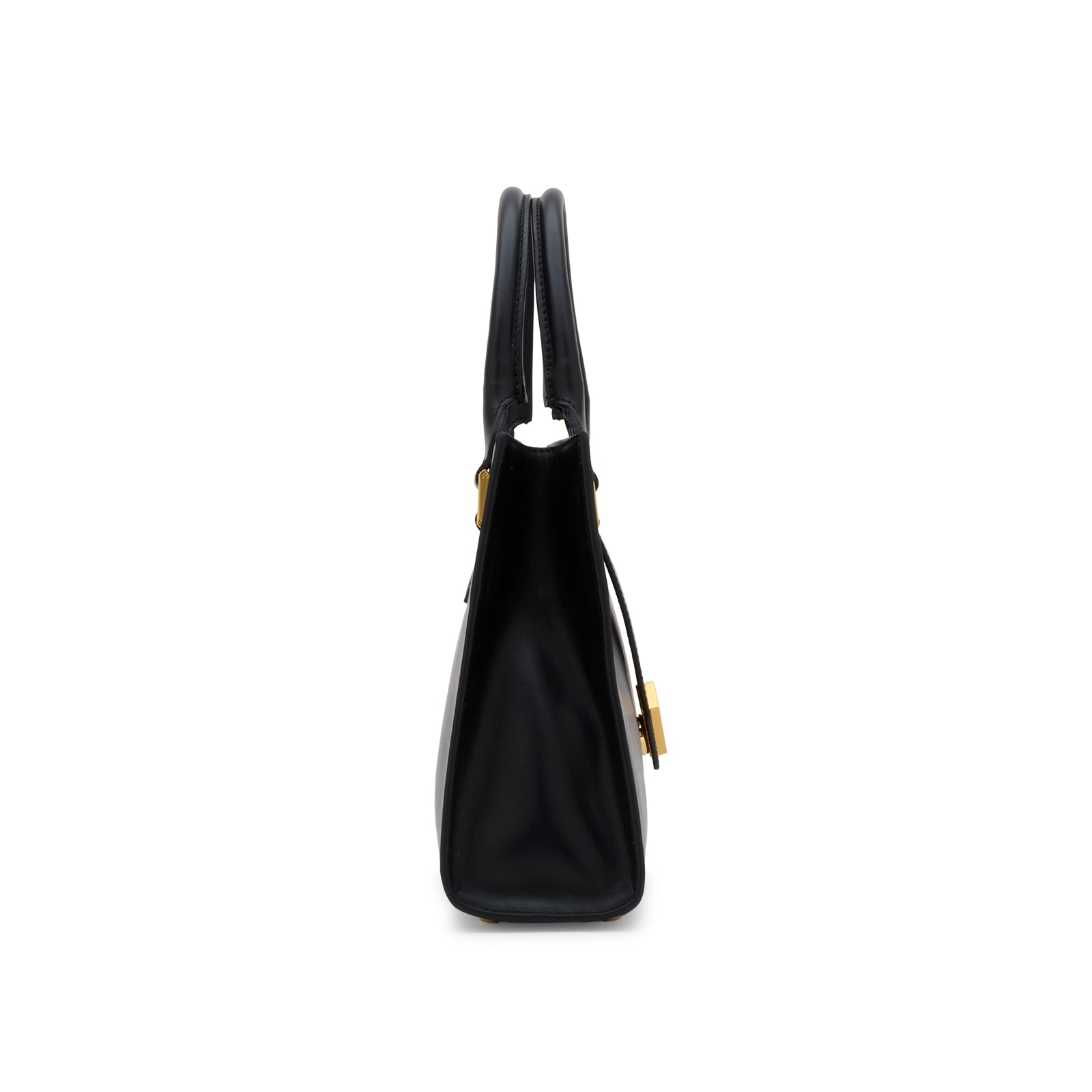 Mario Valentino black calf leather top handle handbag with adjustable shoulder strap side view
