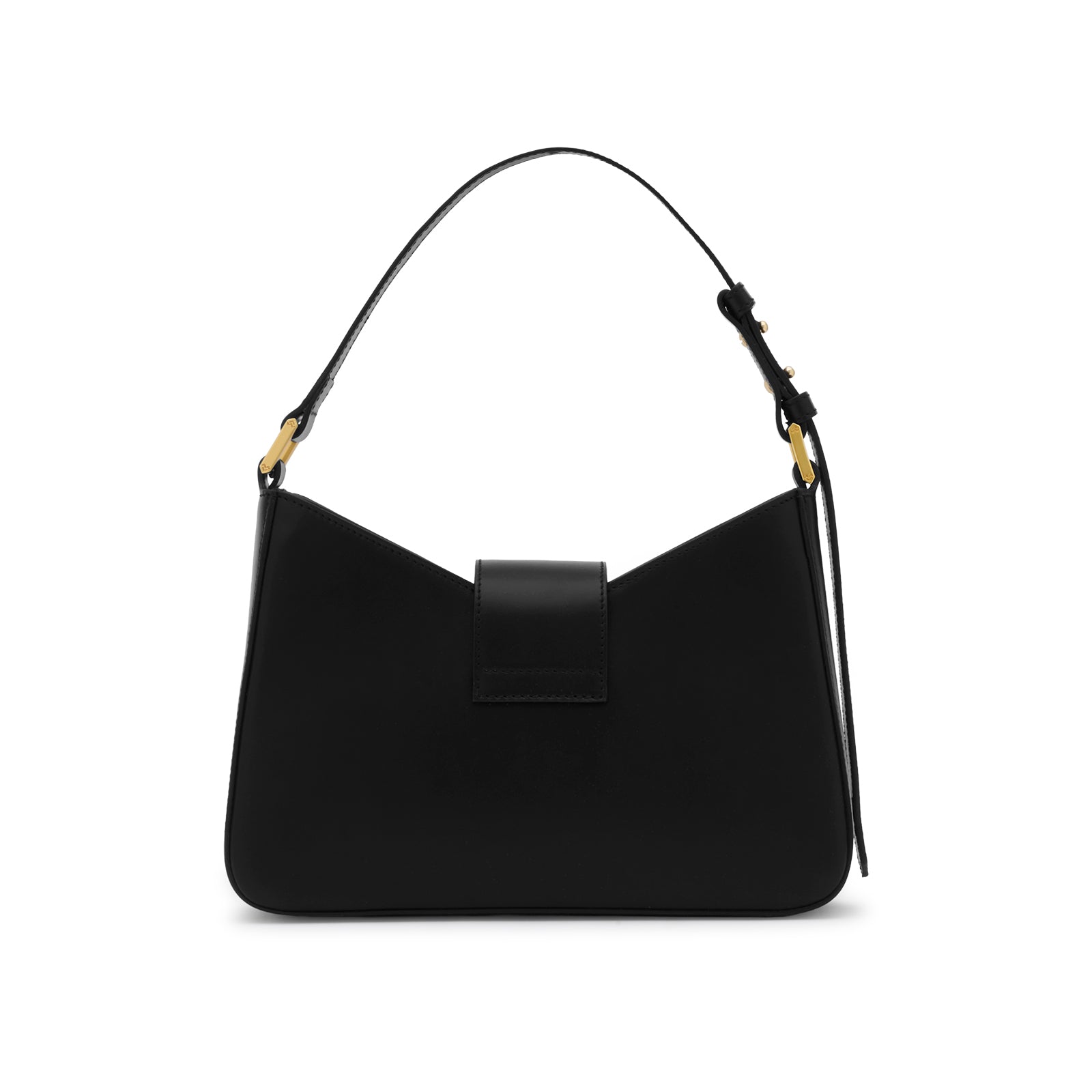 Back view of Mario Valentino designer black leather shoulder bag with clean lines and modern silhouette