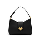 Mario Valentino black calf leather shoulder bag with gold MV logo closure, zip fastening and adjustable strap, front view. Made in Italy