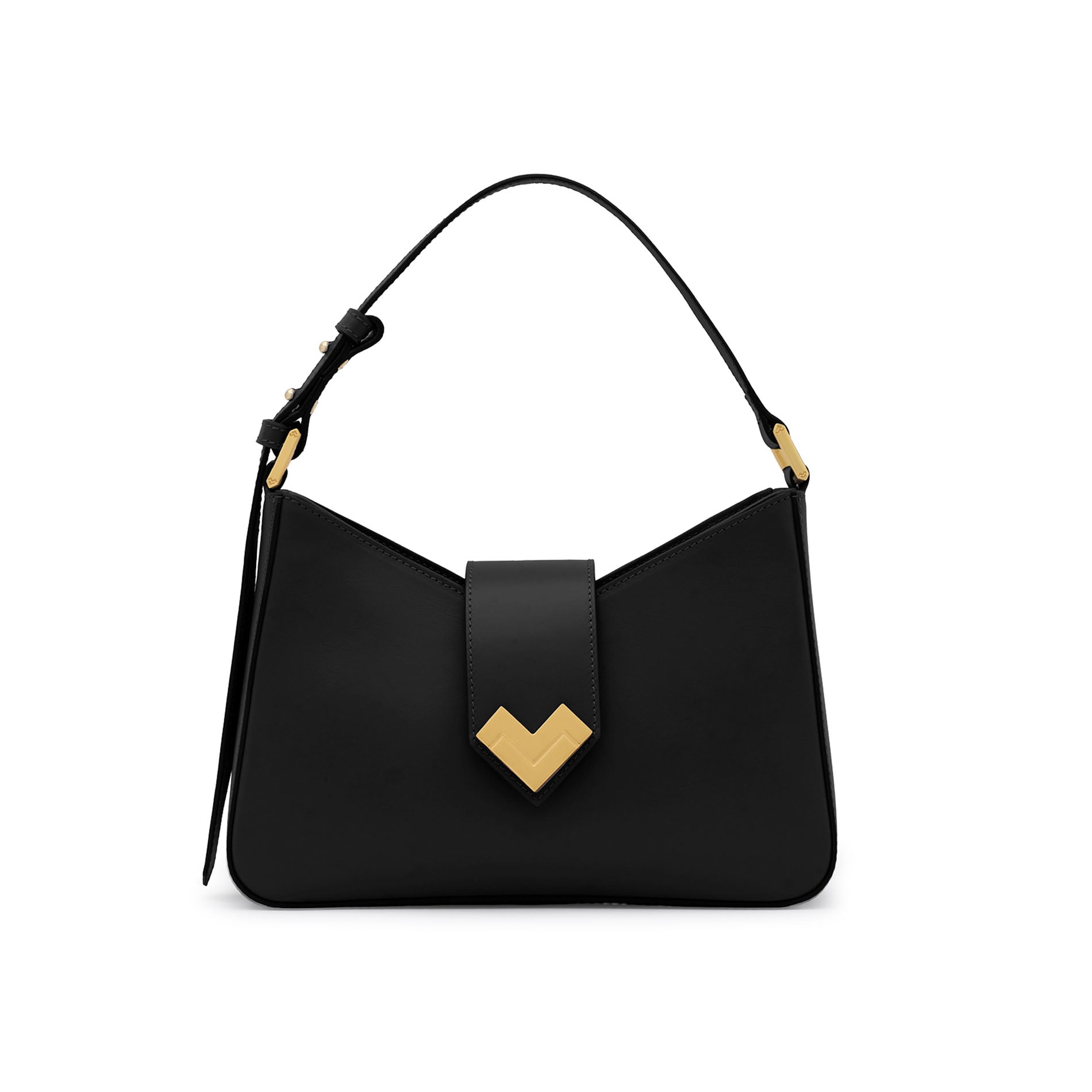 Mario Valentino black calf leather shoulder bag with gold MV logo closure, zip fastening and adjustable strap, front view. Made in Italy