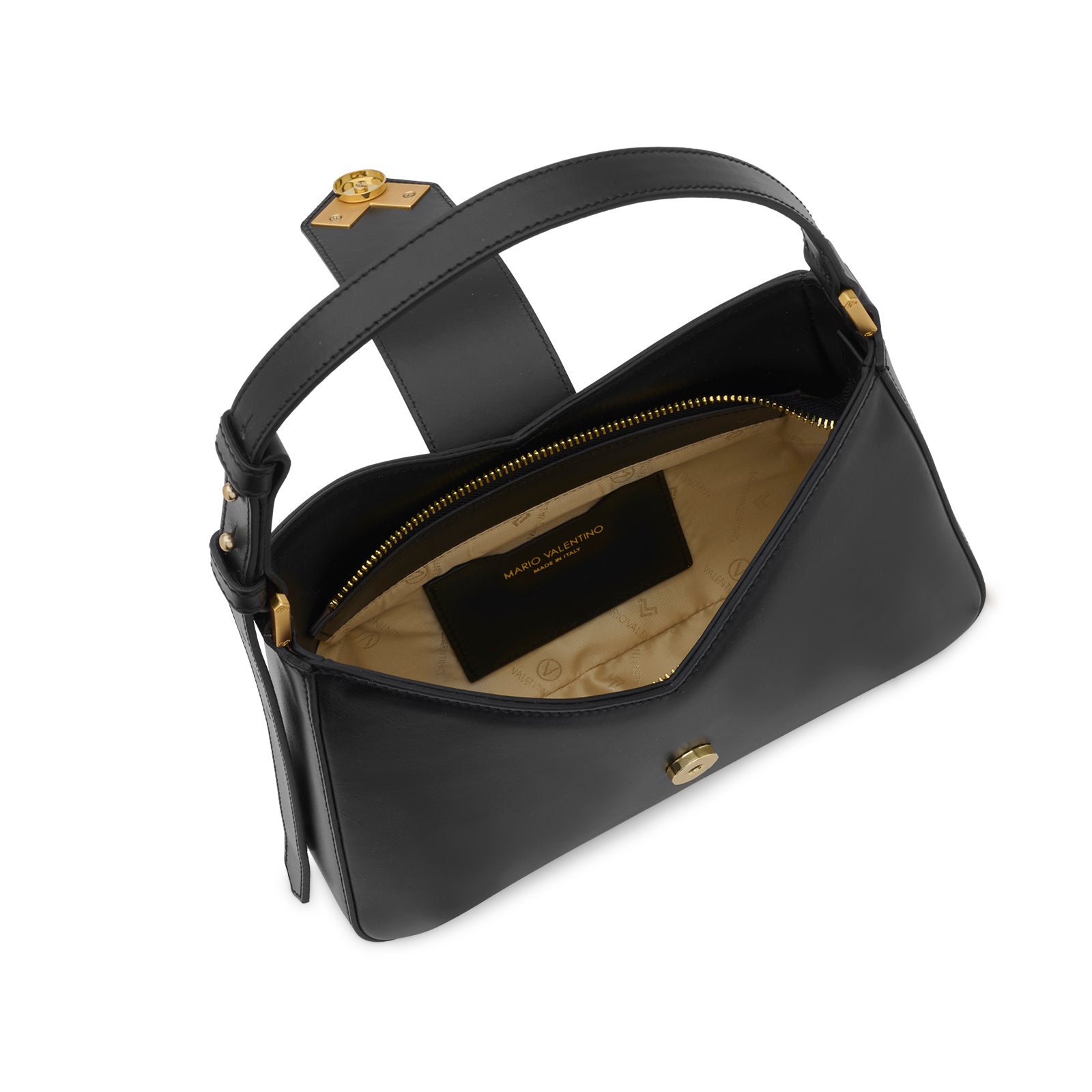 Interior of Mario Valentino black leather shoulder bag with logoed lining, inner pocket and refined functional design. Made in Italy