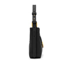 Side profile of Mario Valentino black calf leather shoulder bag with adjustable shoulder strap and gold MV logo detail. Made in Italy