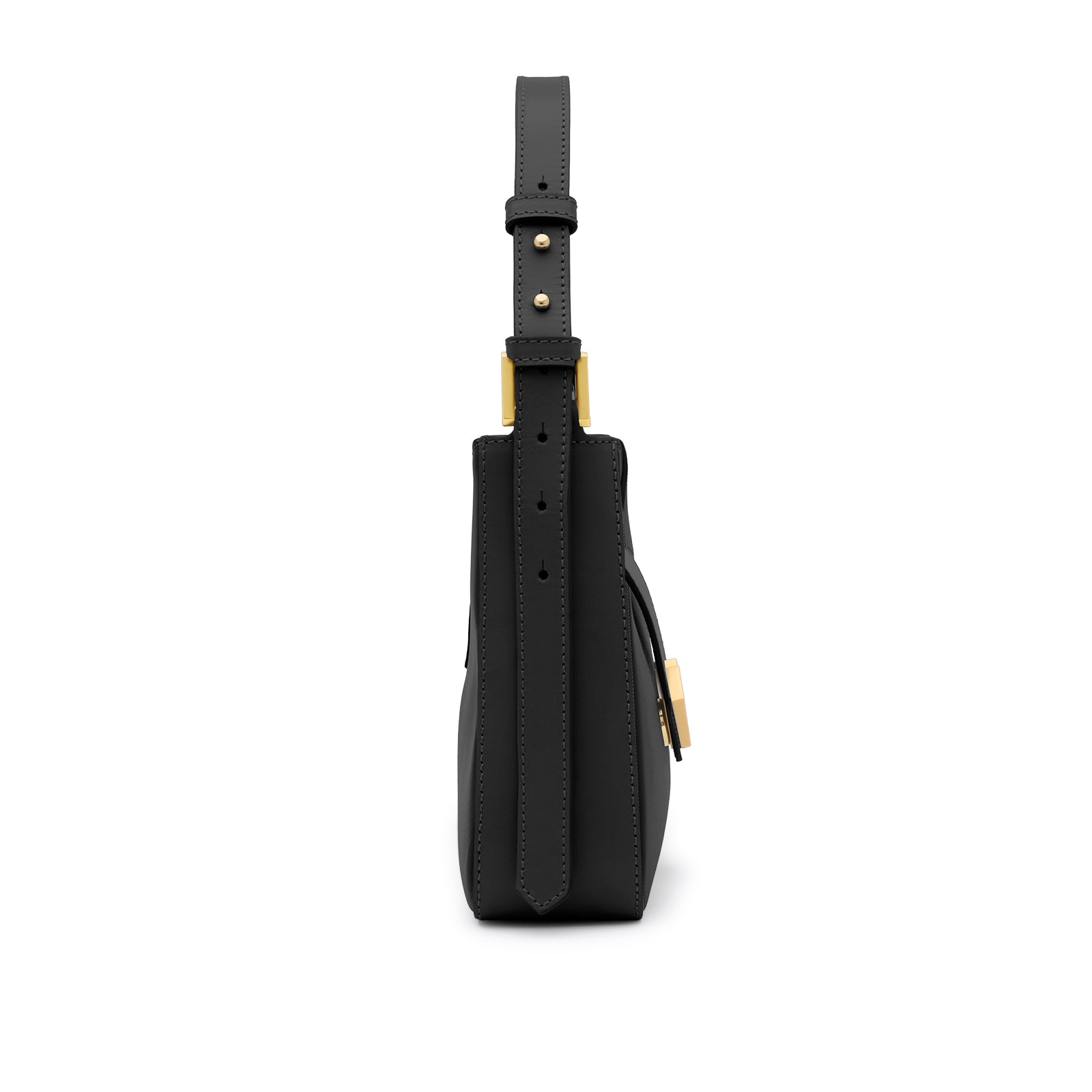 Side profile of Mario Valentino black calf leather shoulder bag with adjustable shoulder strap and gold MV logo detail. Made in Italy