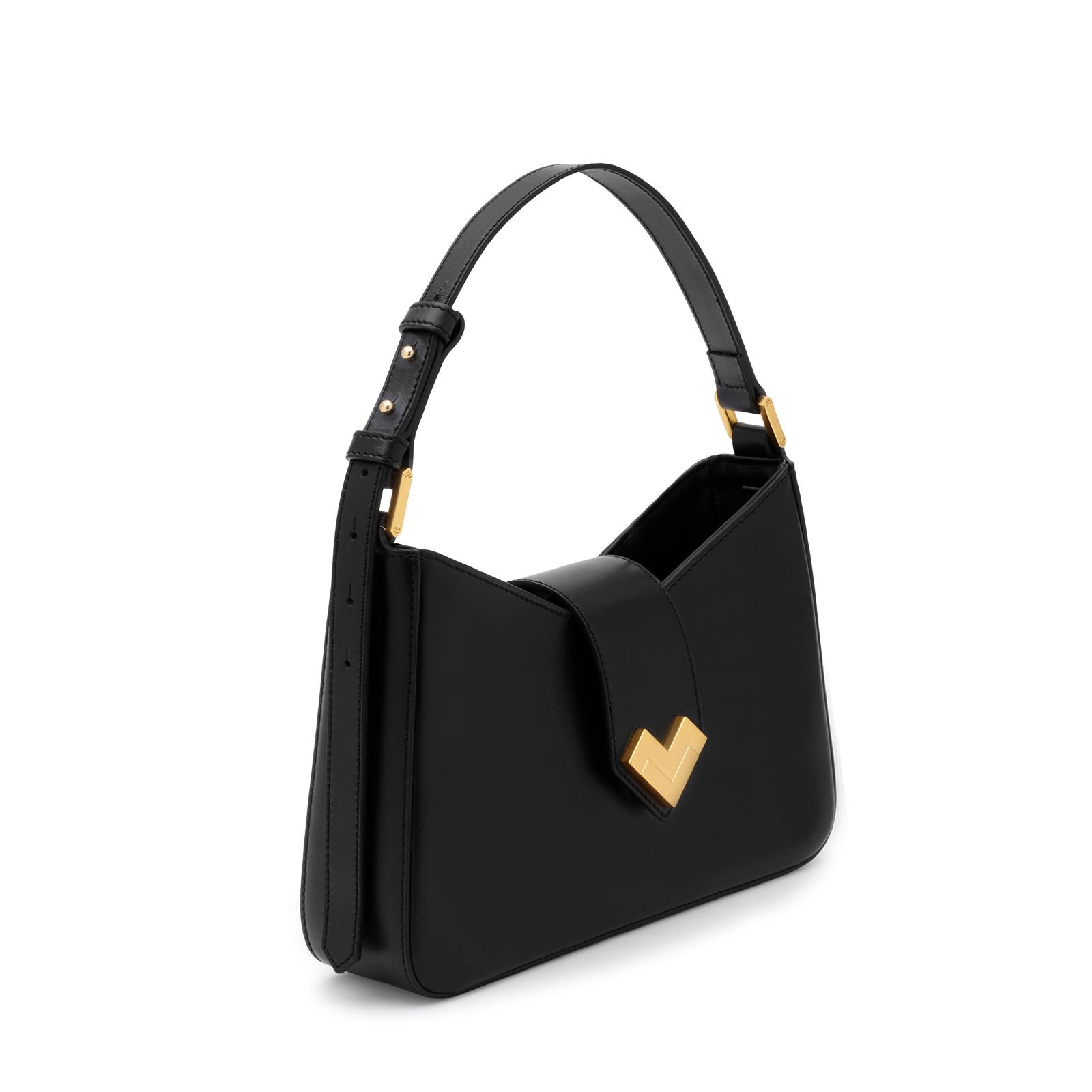 Mario Valentino luxury black leather shoulder bag with gold logo hardware and minimalist structured design. Made in Italy