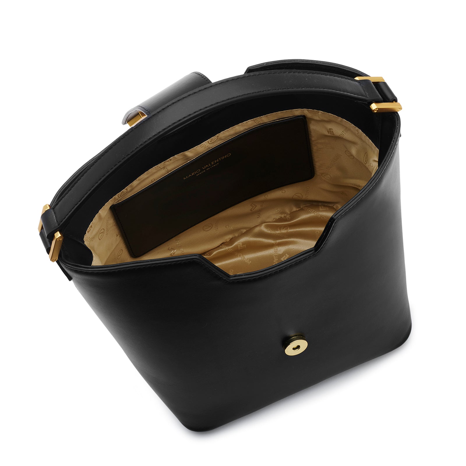 Interior of the Mario Valentino black bucket bag displaying the gold-toned logoed lining and internal pocket