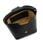 Interior of the Mario Valentino black bucket bag displaying the logoed lining and internal pocket