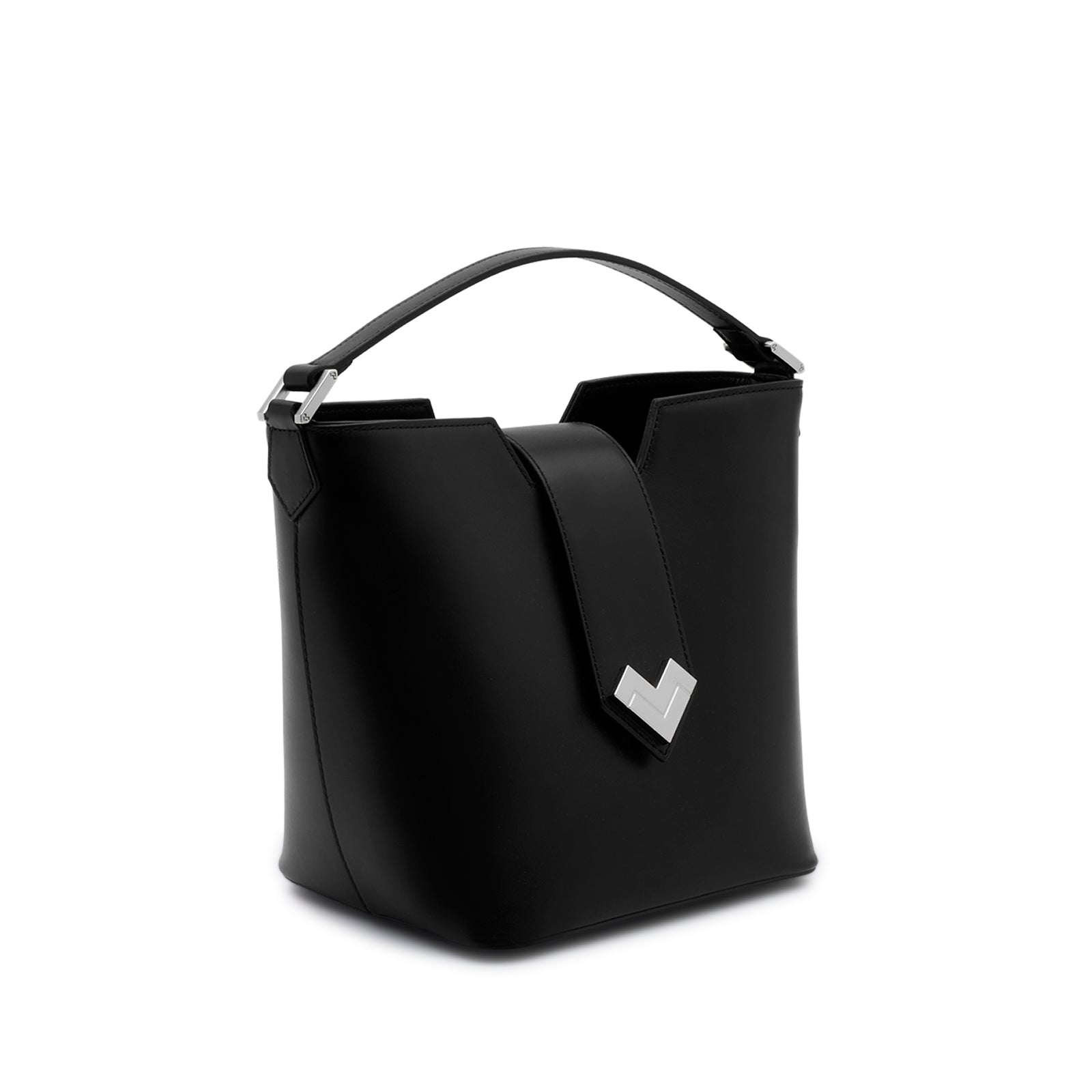 Black calfskin top handle bag with structured silhouette, silver MV detail, magnetic closure and logoed nylon lining. Made in Italy.