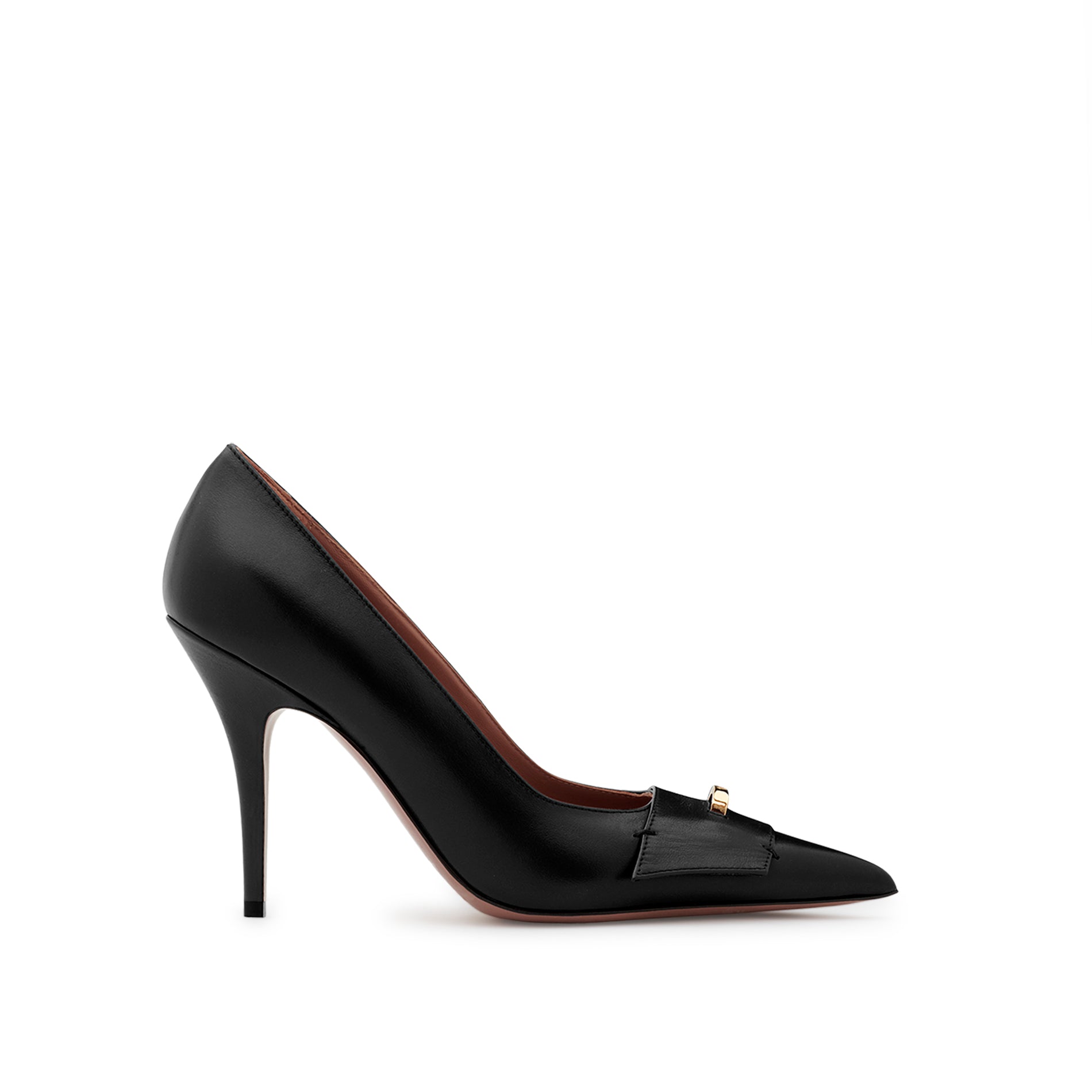 Black calfskin pointed toe pumps with 95 mm stiletto heel and gold logo detail by Mario Valentino