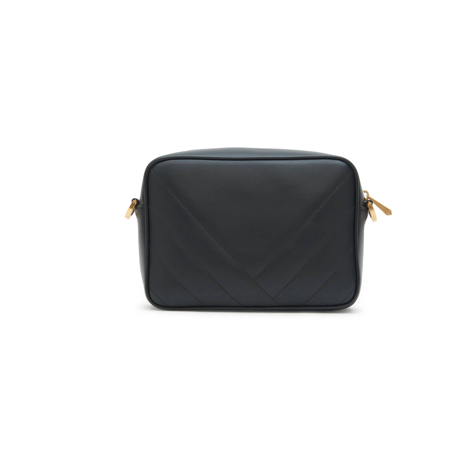 Black calf leather crossbody bag with minimal back design and structured silhouette. Made in Italy