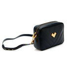 Black quilted leather camera bag with gold hardware and zip closure, adjustable strap. Made in Italy