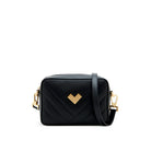 Black quilted leather crossbody camera bag with gold logo and adjustable strap. Made in Italy