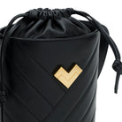 Black quilted leather crossbody bucket bag with chevron stitching, gold-tone logo and leather drawstring detail.